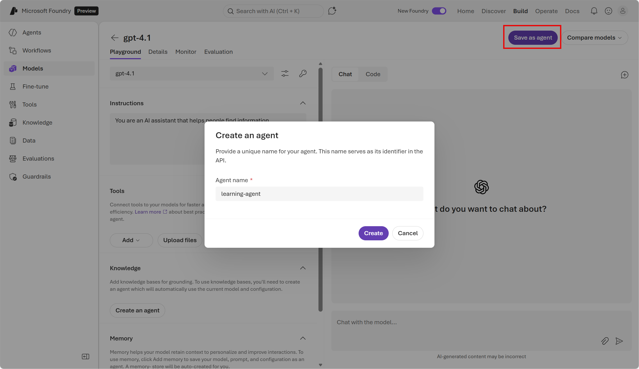Screenshot of the Foundry portal with the dialog box open to save, name, and create your agent.