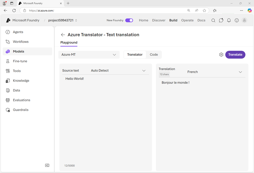 Screenshot of the text translator playground in the Foundry portal.