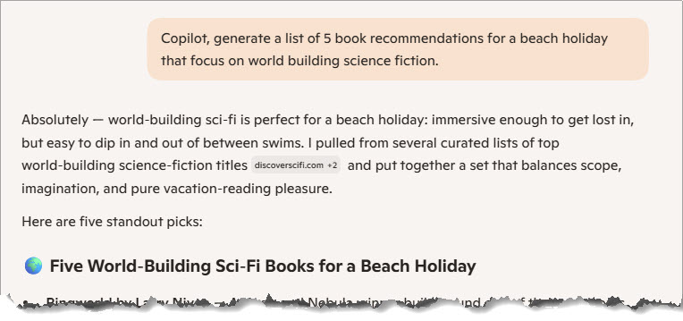 Screenshot of the Copilot-generated book list.