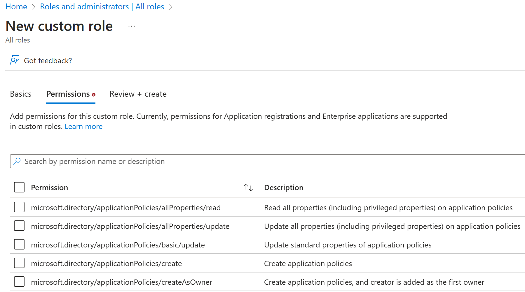 Screenshot of the Microsoft Entra ID screen with a new custom role dialog. Select the attributes you want to role to have.