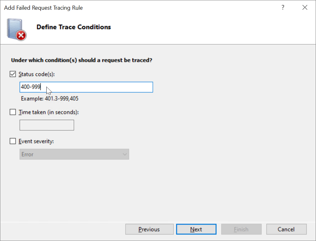 Screenshot of the Define Trace Conditions screen with 4 0 0 dash 9 9 9 entered as the Status code.