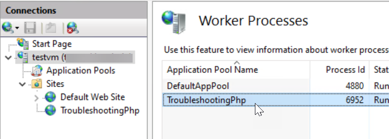 Screenshot of the Worker Processes screen with the Application Pool Name being highlighted.