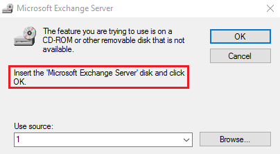 Screenshot of the error to insert the Microsoft Exchange Server disk.