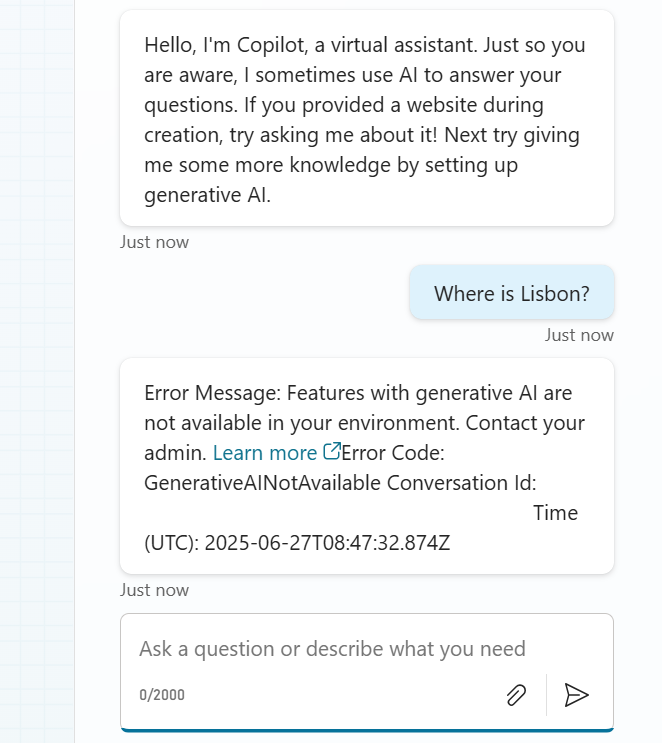 Chat window displaying the GenerativeAINotAvailable error code.