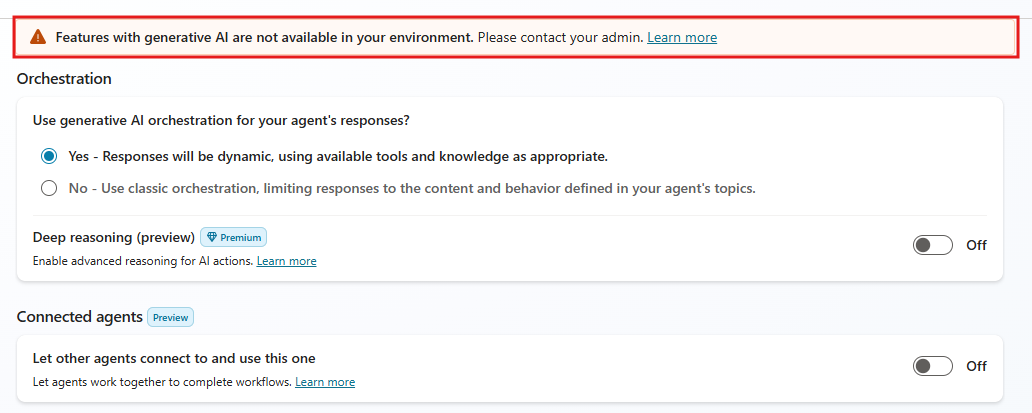 Generative AI settings page, highlighting the error message Features with generative AI aren't available in your environment.