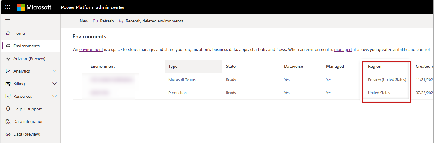 Screenshot that shows how to check the region of the Power Platform environment.