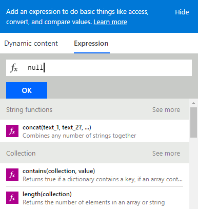 Screenshot to put the value field as the expression value null.