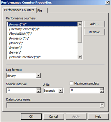 Screenshot of the Performance Counter Properties window with 3 seconds set for the interval.