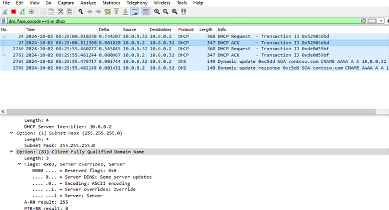 Screenshot that shows the DHCP server responds with Option 81, overriding the client options.
