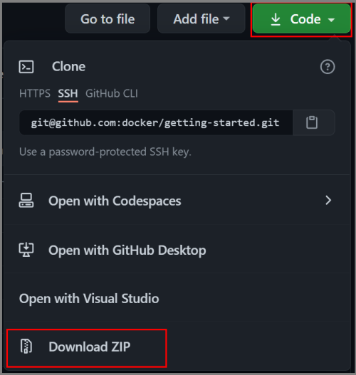 Screenshot shows part of the GitHub site, with the green Code button and Download ZIP option highlighted.