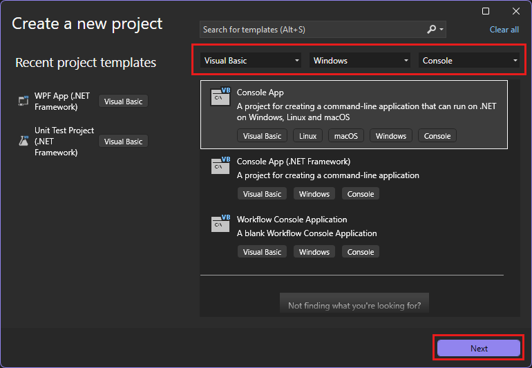Screenshot of the Create a new project window with the Visual Basic Console Application selected.