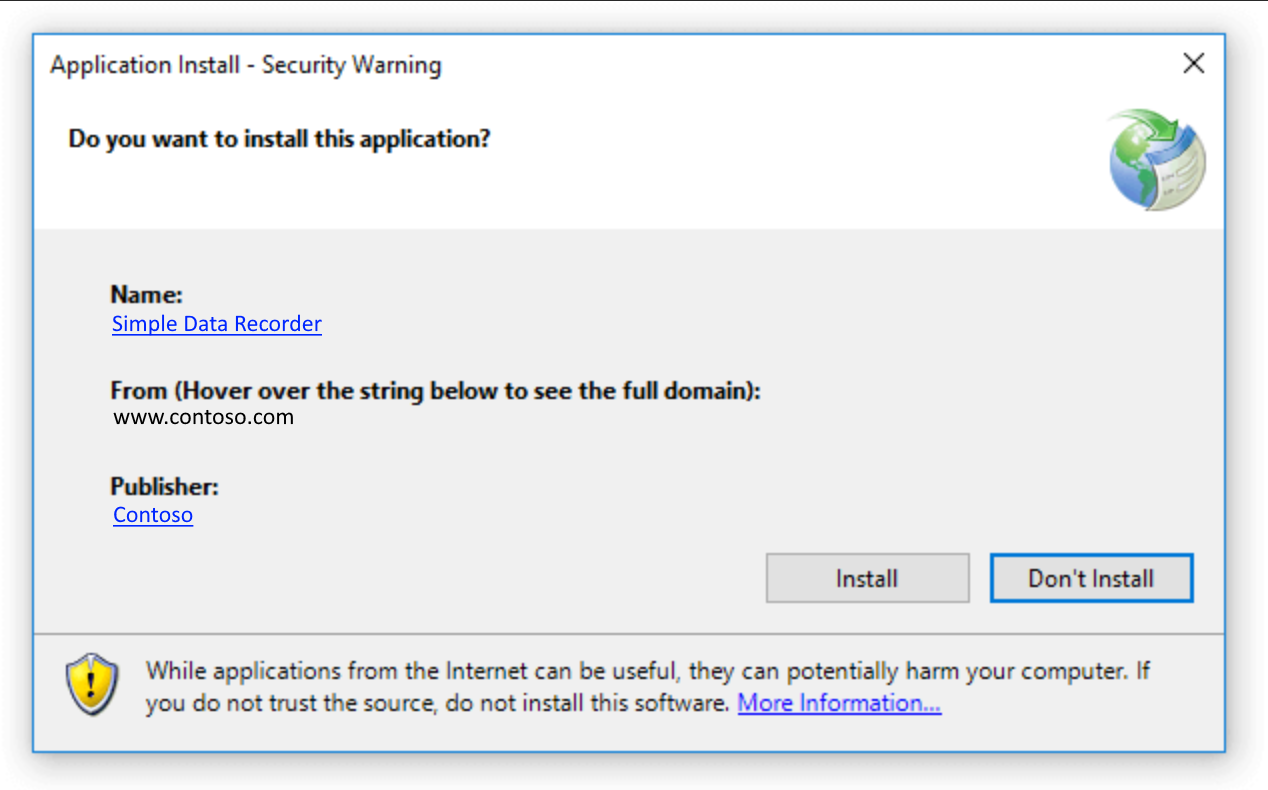 Screenshot of certificate shown at application install time.