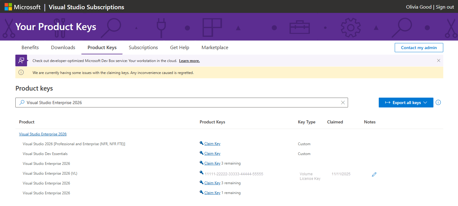 Screenshot of the Product Keys page in the subscription portal. Search for Product Key