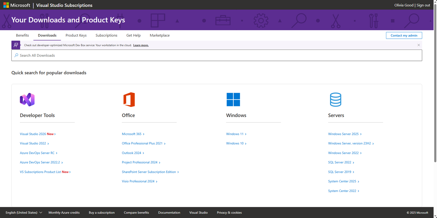 Screenshot of the Downloads page on the subscription portal. Subscriber downloads page