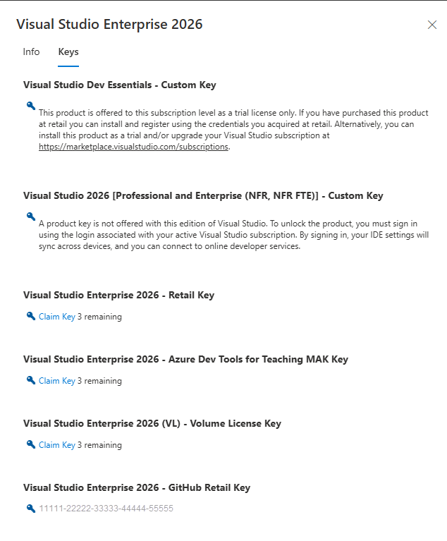 Screenshot of the Visual Studio Enterprise 2026 product details page showing one claimed product key. Visual Studio 2026 claim product keys