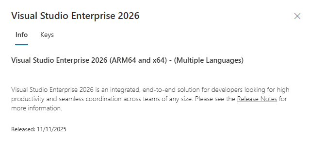 Screenshot of the Visual Studio Enterprise 2026 product details page. The Info tab is selected. Visual Studio 2026 download details