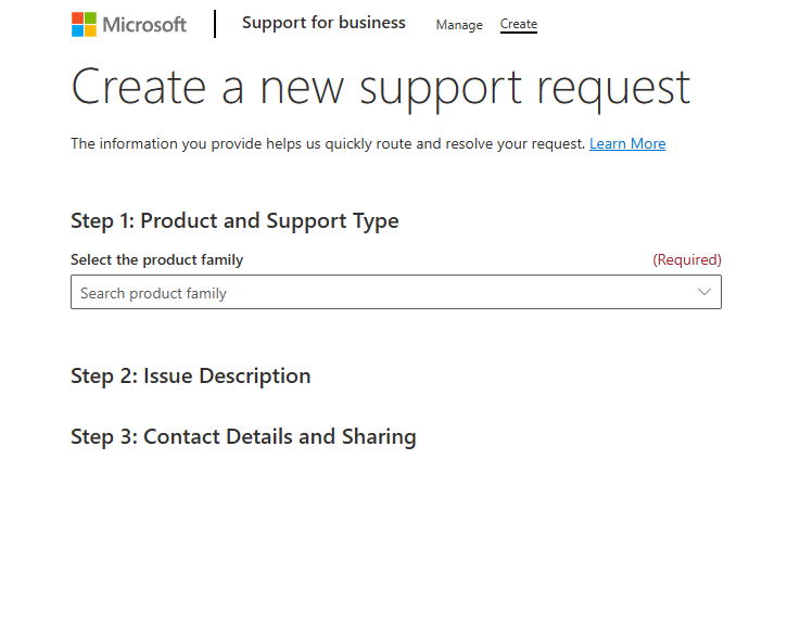 Screenshot of the new support request dialog. Create a new support request