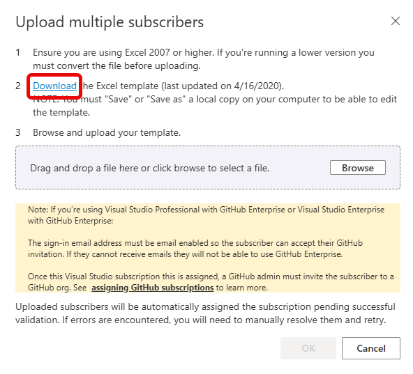 Download the Excel template to upload multiple subscribers