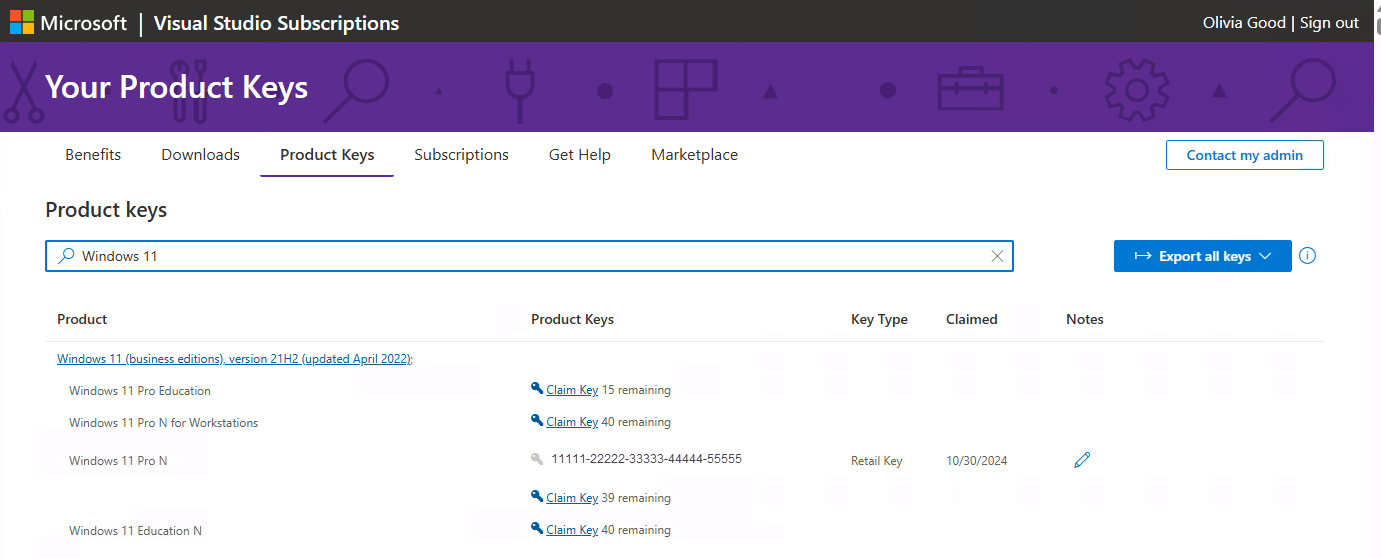 Screenshot of the Product Keys page in the subscription portal showing results for Windows 11. Search for Product Key
