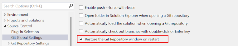 Screenshot of the 'Restore the Git Repository window on restart' option in the Options dialog.