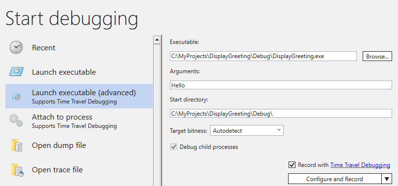 Screenshot of WinDbg with the 'Record with Time Travel Debugging' checkbox in the Launch Executable (Advanced) screen.