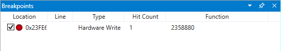 Screenshot of WinDbg Breakpoints window displaying a single breakpoint.