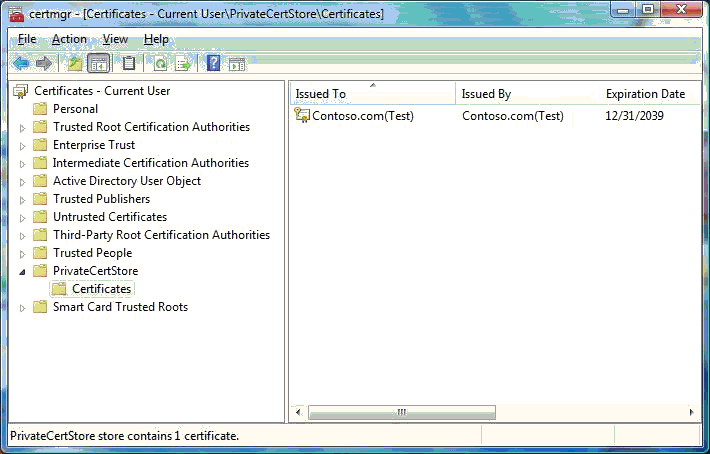 screen shot of the certificate store showing the test certificate .