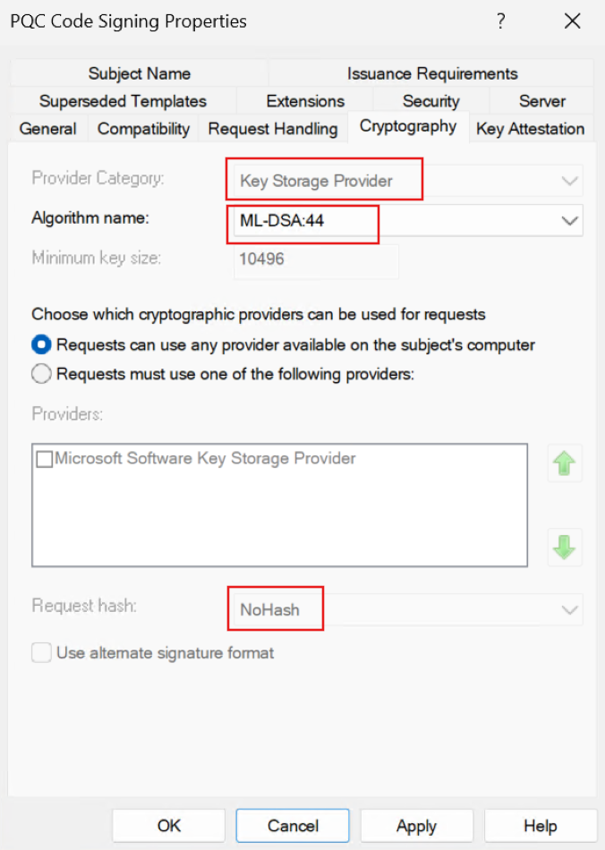 Screenshot of the PQC Code Signing template Cryptography tab with Provider Category set to Key Storage Provider, Algorithm name set to ML-DSA:44, and Request hash set to NoHash.