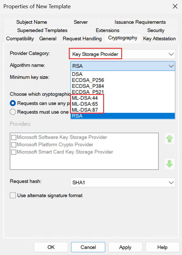 Screenshot of the certificate template Cryptography tab with Provider Category set to Key Storage Provider and the Algorithm name dropdown showing the ML-DSA:44, ML-DSA:65, and ML-DSA:87 options.