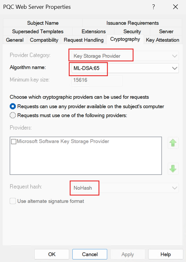 Screenshot of the PQC Web Server template Cryptography tab with Provider Category set to Key Storage Provider and Algorithm name set to ML-DSA:65.