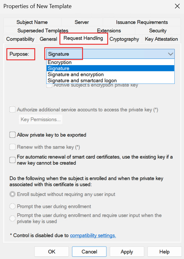 Screenshot of the Web Server template Request Handling tab with Purpose set to Signature.