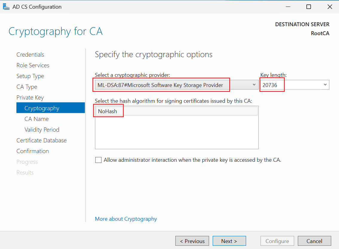 Screenshot of the AD CS Cryptography for CA page with the ML-DSA-87 provider selected, showing a key length of 20736 and NoHash as the hash algorithm.