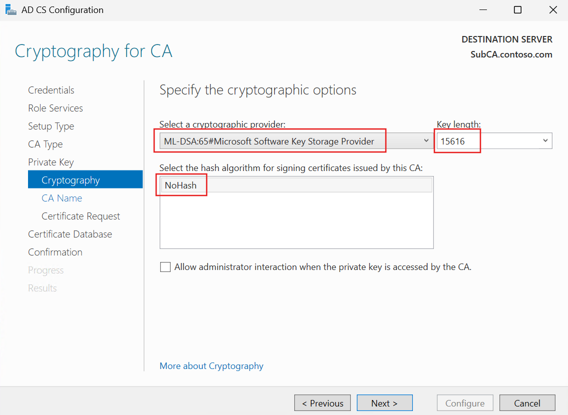 Screenshot of the AD CS Cryptography for CA page for the subordinate CA with the ML-DSA-65 provider selected, showing a key length of 15616 and NoHash as the hash algorithm.