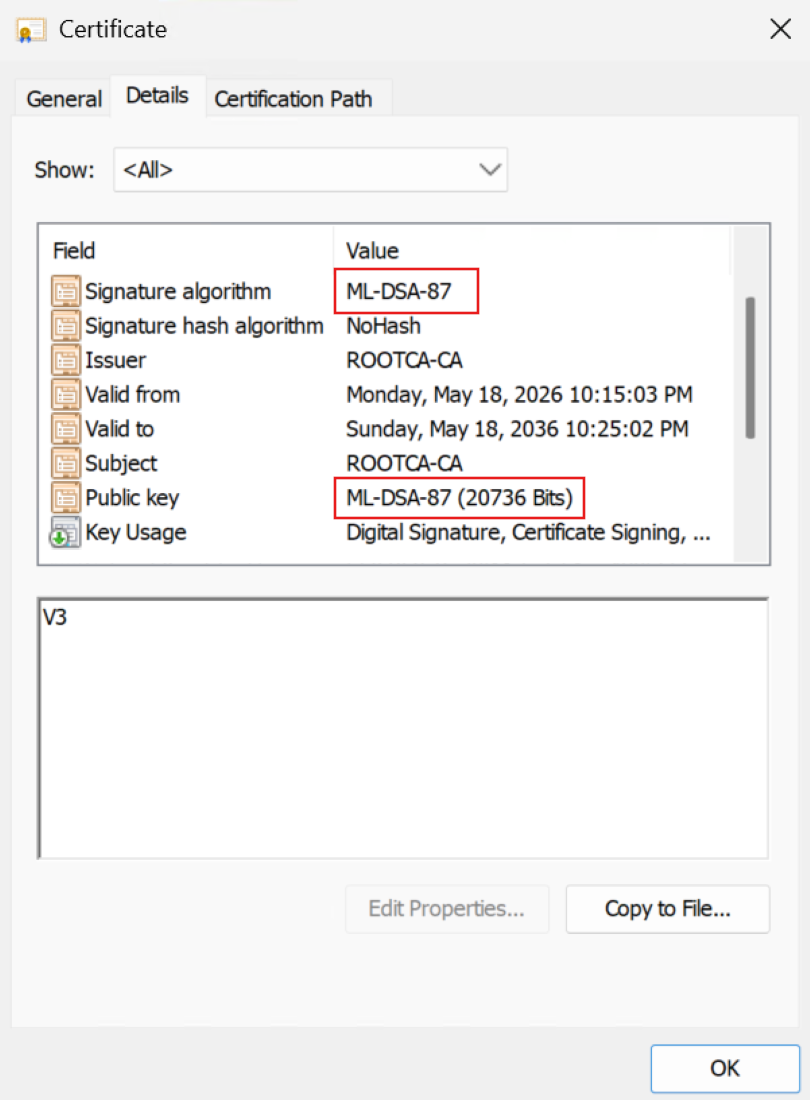 Screenshot of the root CA certificate Details tab showing ML-DSA-87 as both the signature algorithm and the public key algorithm.