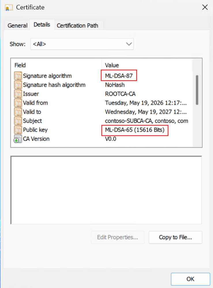Screenshot of the subordinate CA certificate Details tab showing ML-DSA-87 as the signature algorithm and ML-DSA-65 as the public key algorithm.