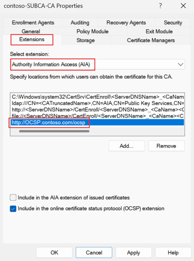 Screenshot of the CA Properties Extensions tab showing the Authority Information Access extension with the OCSP responder URL added.