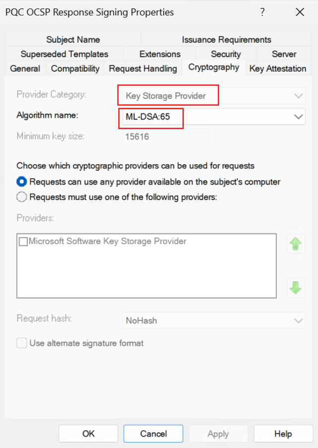 Screenshot of the OCSP Response Signing template Cryptography tab with Provider Category set to Key Storage Provider and Algorithm name set to ML-DSA:65.