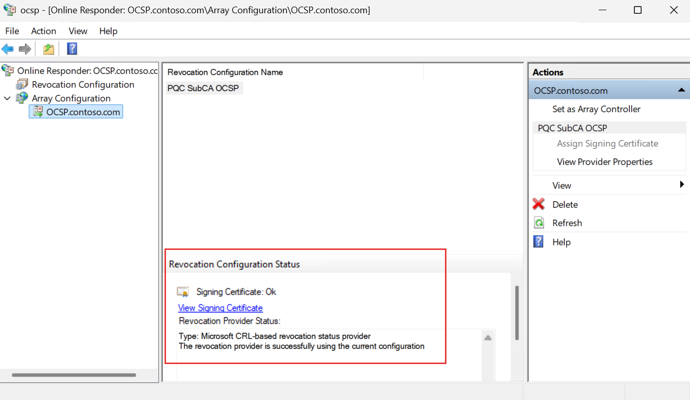 Screenshot of the Online Responder Management console showing Signing Certificate OK and successful revocation provider status.