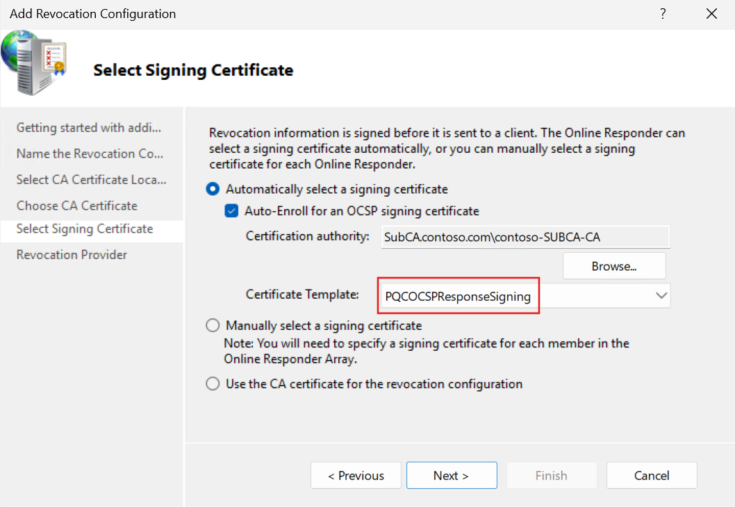 Screenshot of the Select Signing Certificate page with auto-enroll selected and the PQCOCSPResponseSigning template chosen.