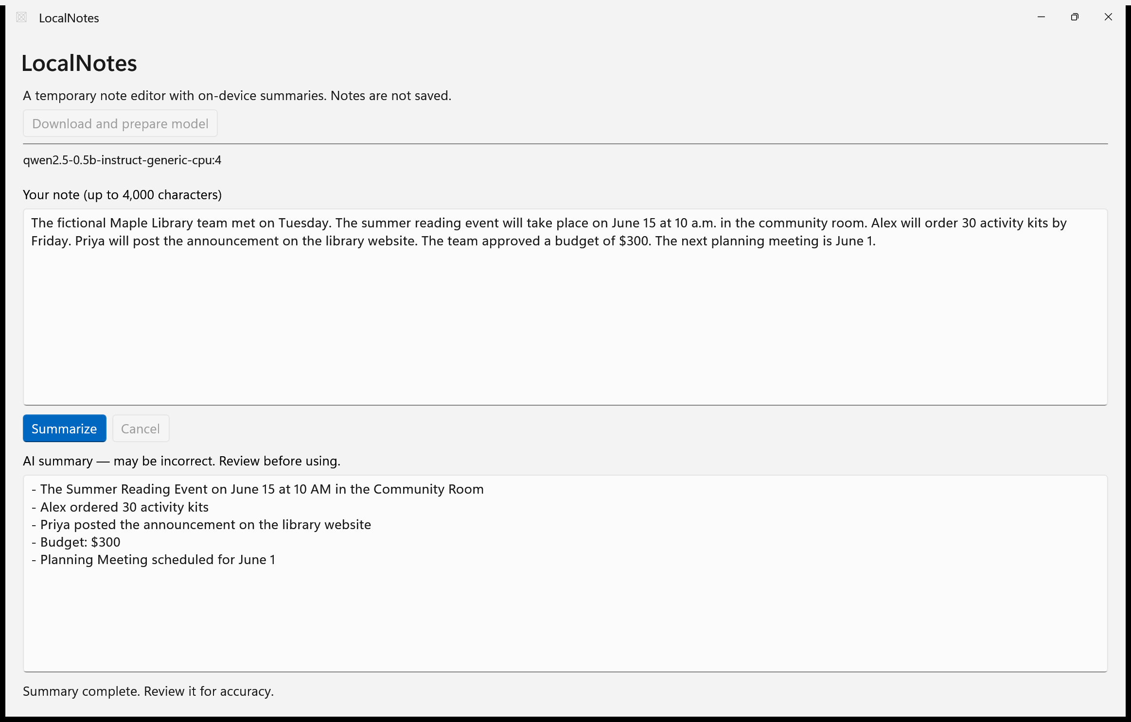 LocalNotes running on Windows, with a synthetic library planning note, the selected CPU model, a generated draft summary, and a reminder to review its accuracy.