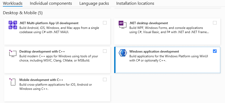 A screenshot of the Visual Studio installer UI with the Windows application development workload selected.