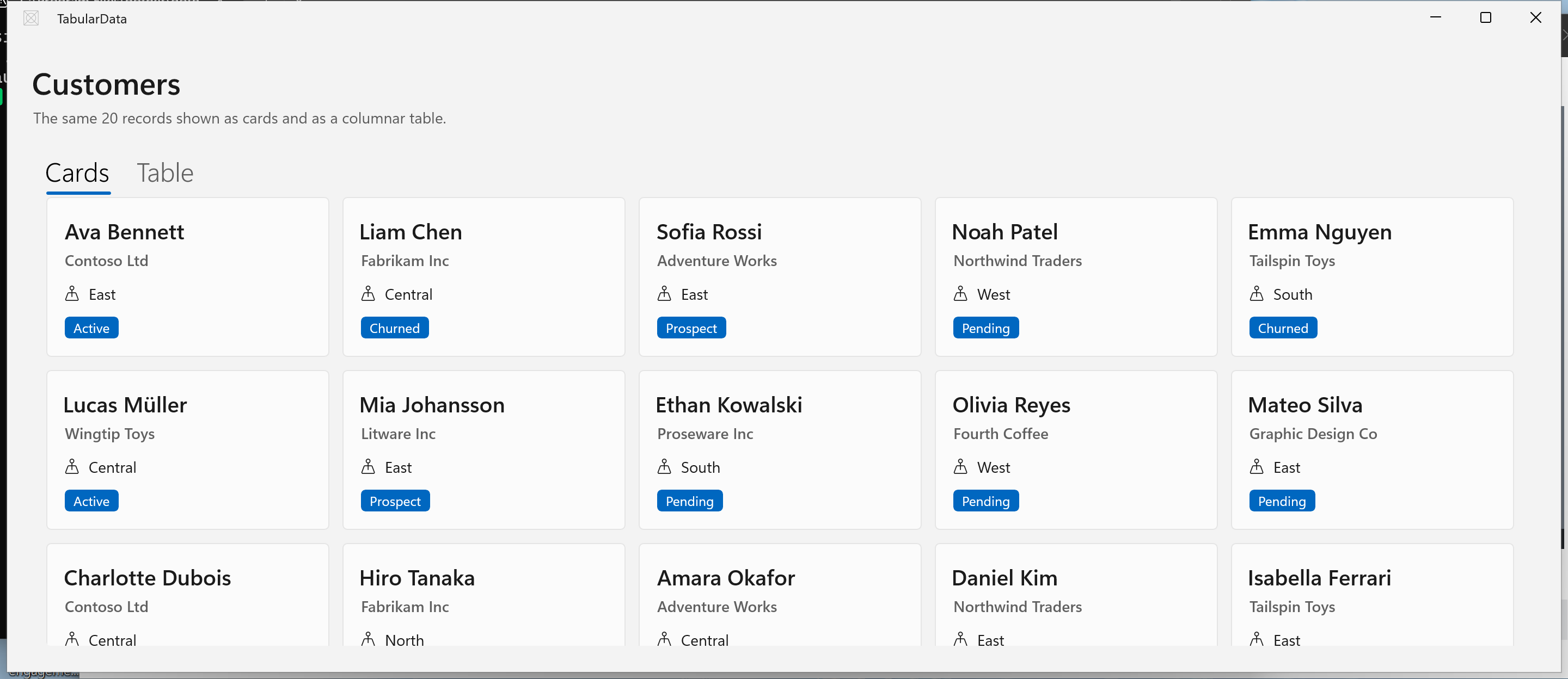 A WinUI 3 customer list with card-style rows that show name, company, region, and status.