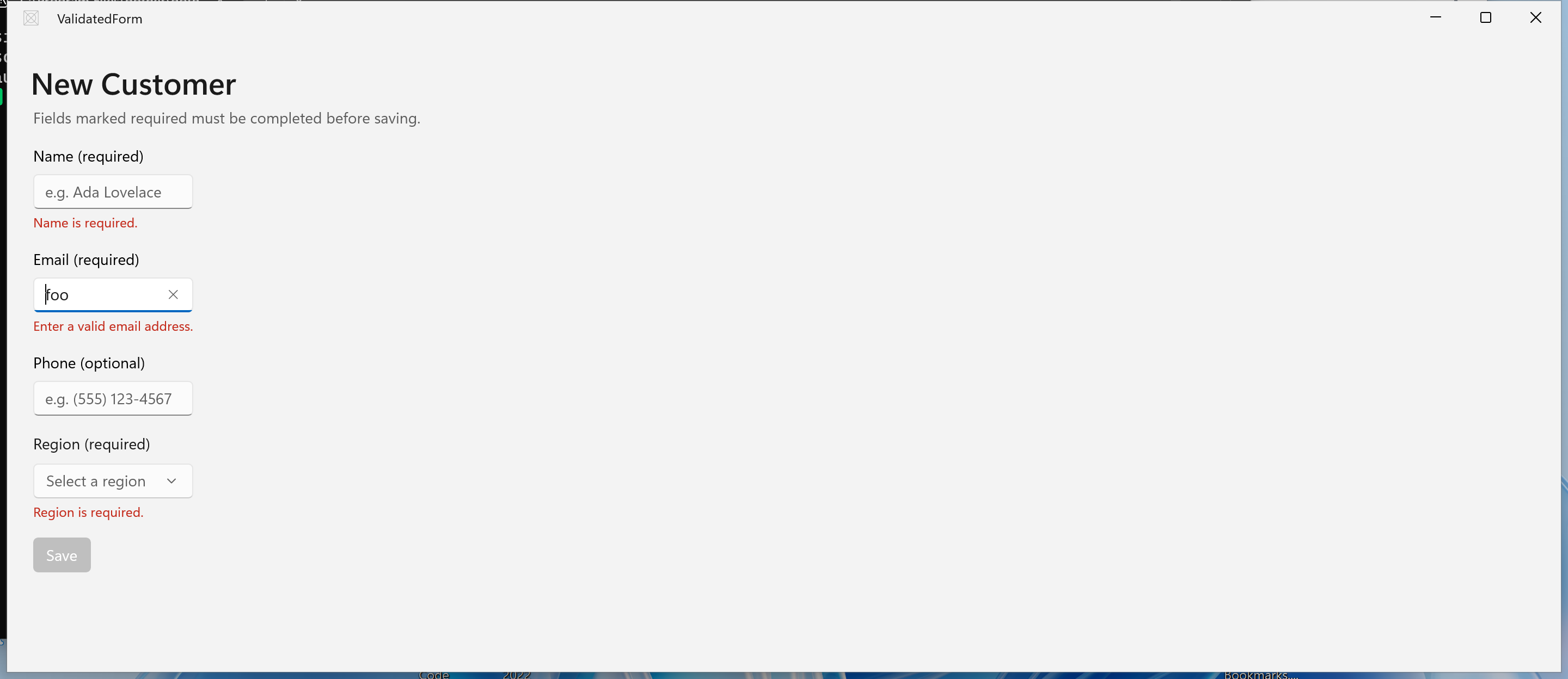 A New Customer form with an inline email validation message and a disabled Save button.
