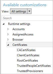 In Windows Configuration Designer, expand the Certificates category.