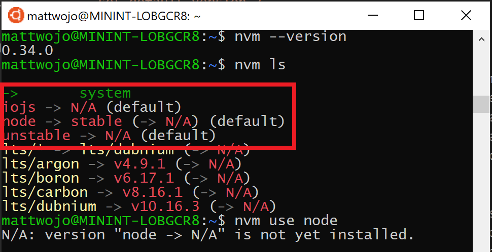 NVM list showing no Node versions