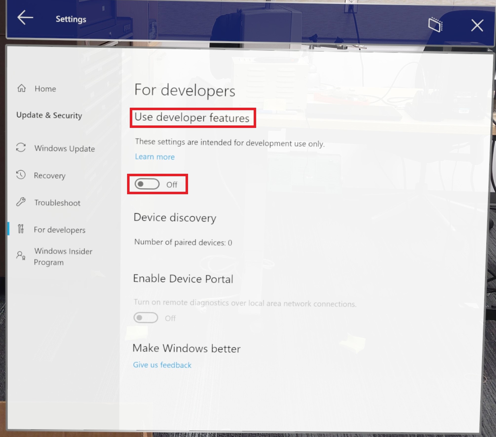Screenshot of for developers window open in settings with use develop features toggle highlighted