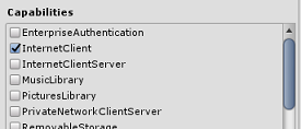 Screenshot of the Capabilities screen. Internet Client is checked.