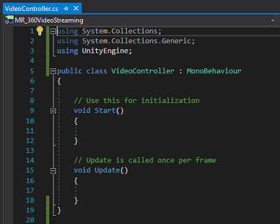Screenshot of the code for the Video Controller file.