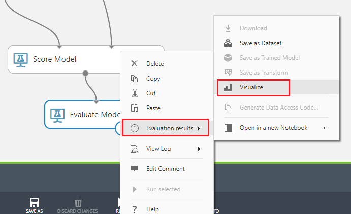 Screenshot of the Evaluate Model item's right click menu, which shows the highlighted Evaluation results and Visualize menu items.