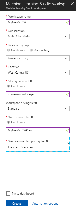 Screenshot of the Azure Machine Learning Studio dialog, which shows the information the user has entered into the text fields.